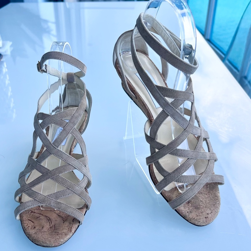 Jimmy Choo Beige Napa Suede Strappy Gladiator Cork Wedge Sandals - Picture 11 of 11